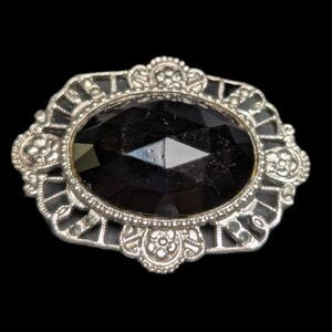 Vintage 1980s Victorian Revival Black Glass Brooch Gothic Statement Pin Ornate F